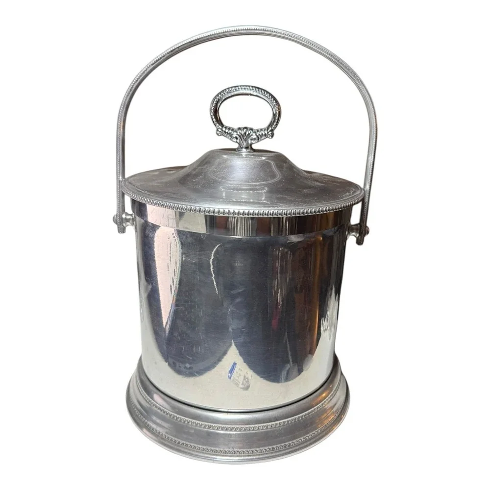 Vintage Silver Tone Insulated Ice Bucket with Lid and Handle Beaded Trim 10in